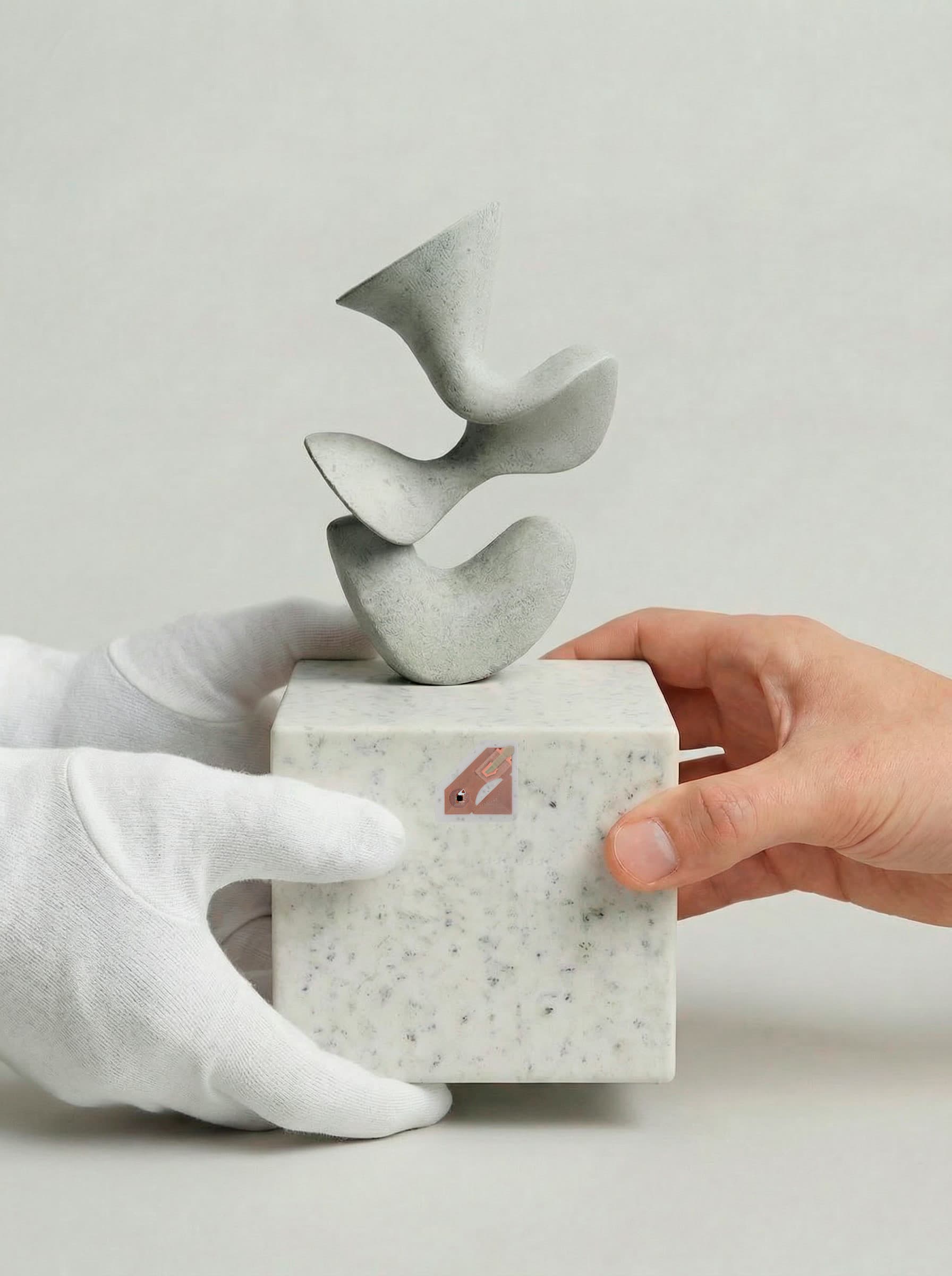 Escultura de piedra sobre un cubo de mármol con el chip Aurea, sostenida por una mano con guante y otra sin él