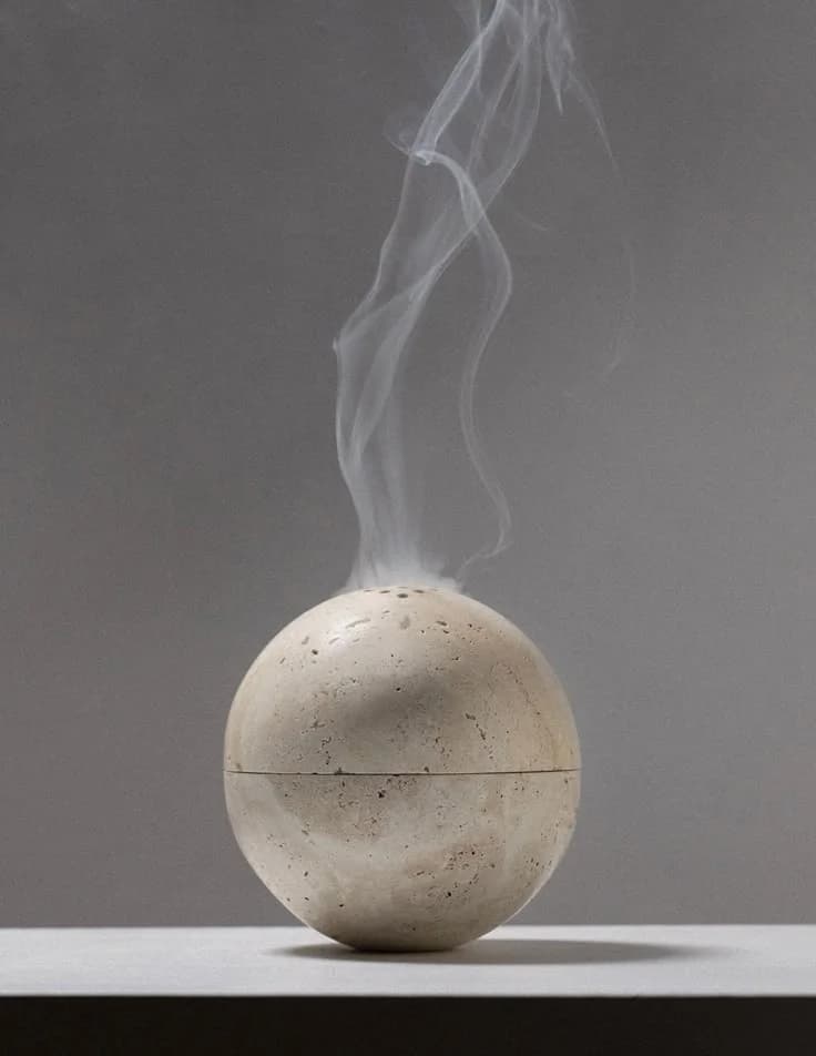 Esfera de travertino de la que sale un hilo de humo