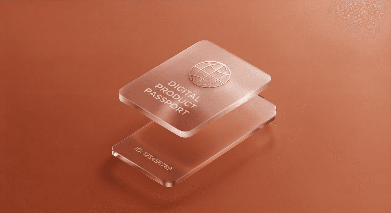 Illustration d’un passeport numérique de produit : une carte translucide portant la mention « Digital Product Passport » et un emblème de globe, flottant au-dessus d’une seconde carte qui porte le numéro d’identification du produit.