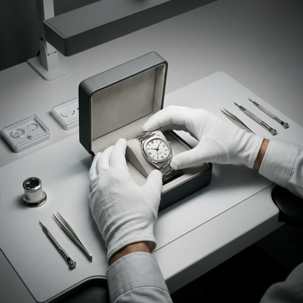 Uhrmacher mit weißen Handschuhen legt eine Uhr in ihre Schatulle